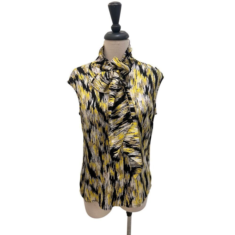 Buchanan-Kang Womens Abstract Print Tie Collar Silk Blouse Top Yellow Black Sz 2